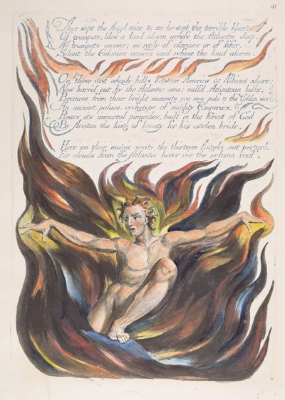 "Således græd englestemmen...", plade 12 fra "America: A Prophecy", 1793 (reliefradering trykt i blå med pen og blæk og wc) af William Blake
